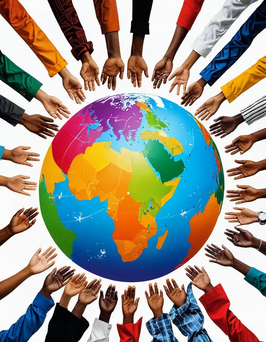 A diverse group of individuals from various cultures engaged in lively discussions, surrounded by symbols of global resources like books, tools, and plants. Vibrant flags representing different nations hang in the background, and a glowing globe sits at the center, symbolizing unity and collaboration. The atmosphere is filled with energy and hope, showcasing a bright future for community growth. super-realistic. vibrant colors. white background.