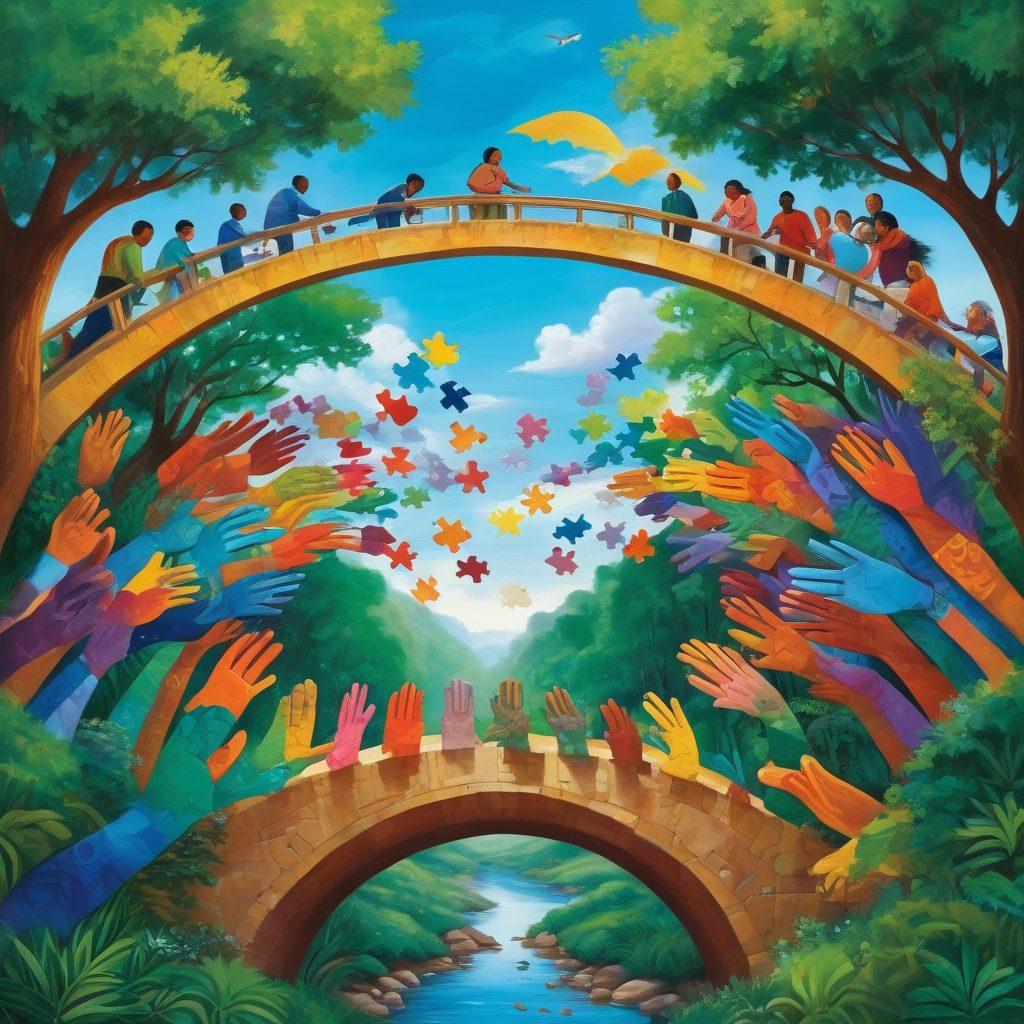 A symbolic image of diverse hands from various cultures uniting to build a vibrant bridge made of colorful puzzle pieces over a lush green landscape, representing global partnerships and community development. Include elements like small groups of people collaborating in the background, showcasing advocacy efforts. The sky is bright and clear, radiating hope and unity. painting. vibrant colors. optimistic style.