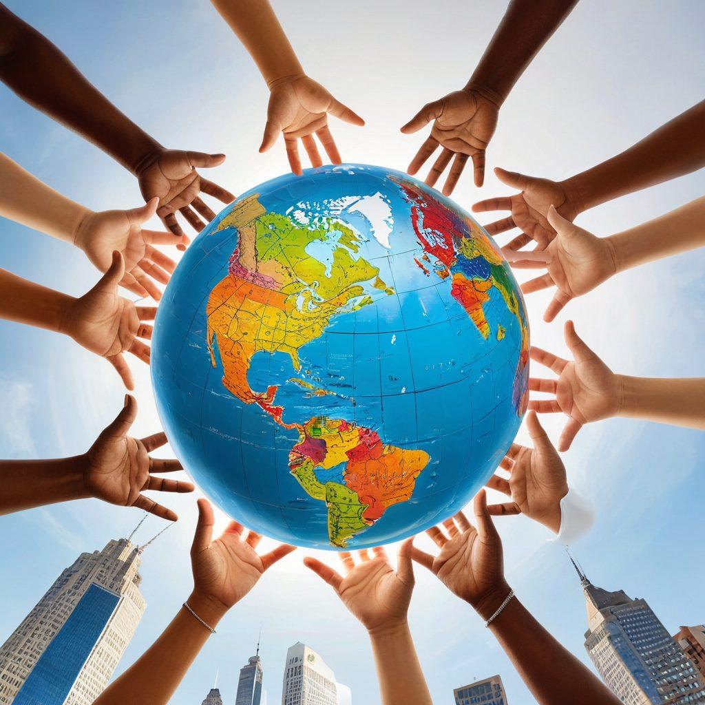 A dynamic globe intertwined with diverse hands reaching out, symbolizing global connectivity and collaboration. Each hand reflects different cultures through vibrant patterns and colors. In the background, a skyline of iconic landmarks from various continents represents international unity. Light rays emanate from the globe, illustrating impactful strategies spreading across the world. super-realistic. vibrant colors. white background.